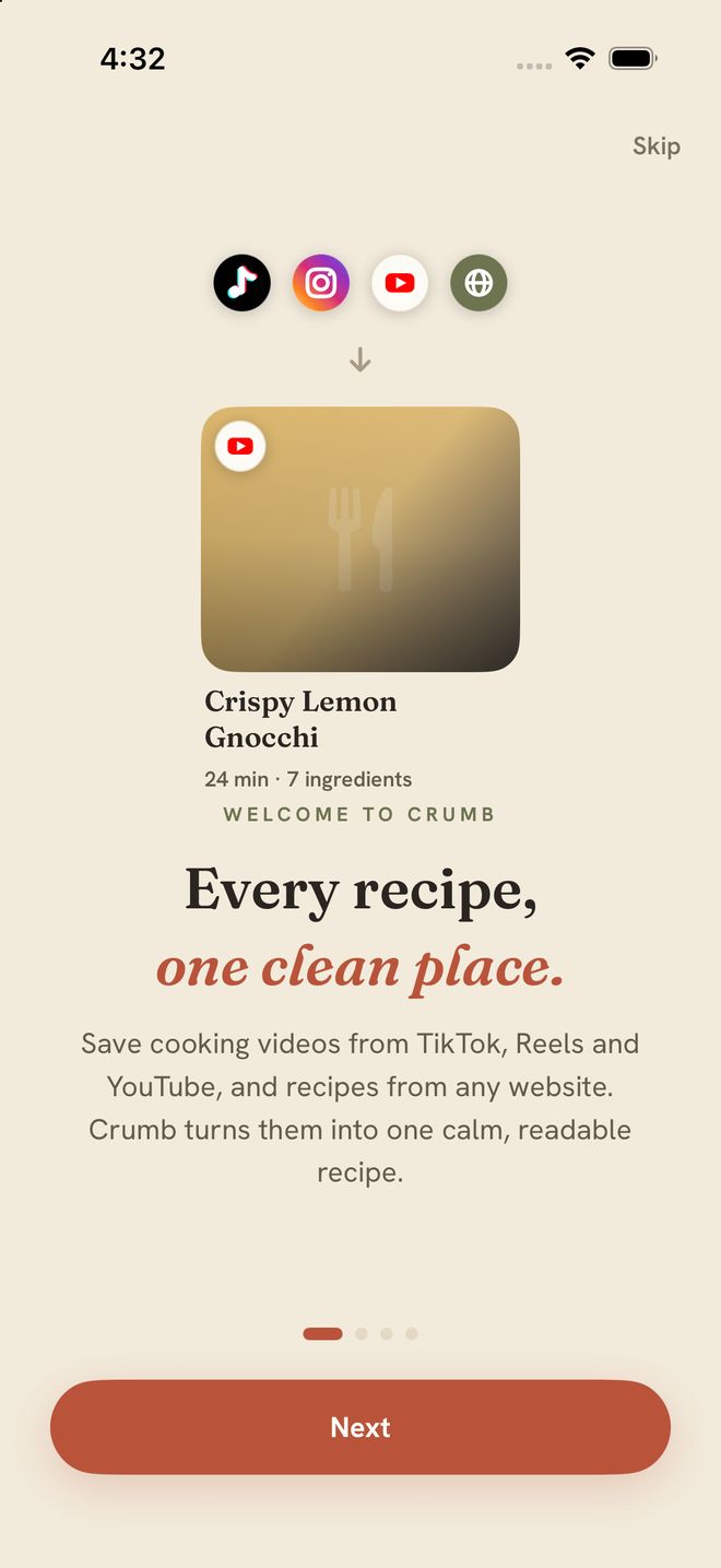 Crumb welcome screen