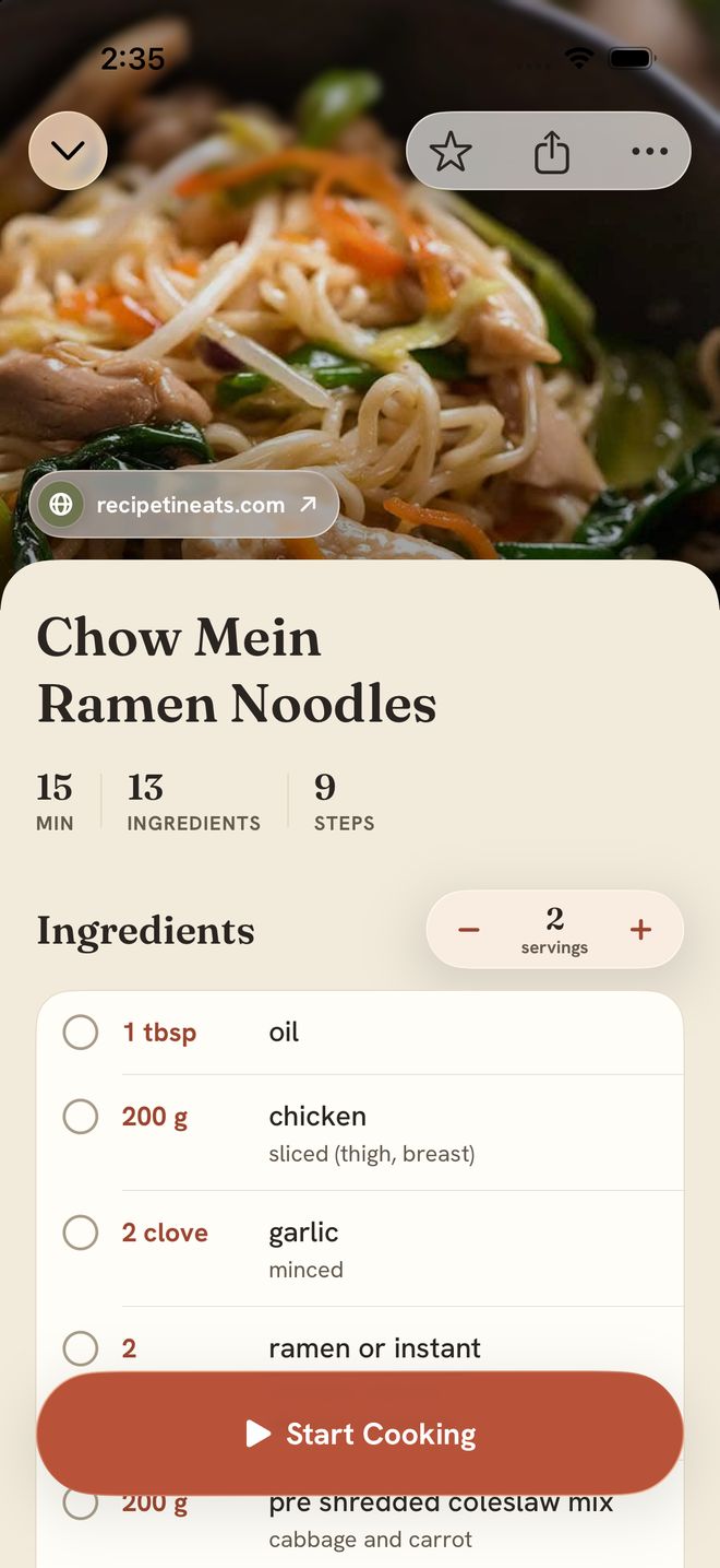 Recipe page with ingredients and a servings stepper